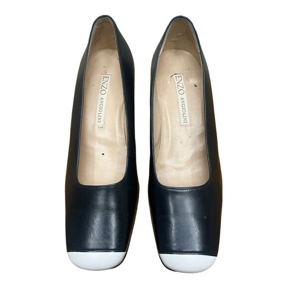 Enzo Angiolini Women’s Size 9 Leather Blue White Square Toe Heels Classy Office - Picture 2 of 8